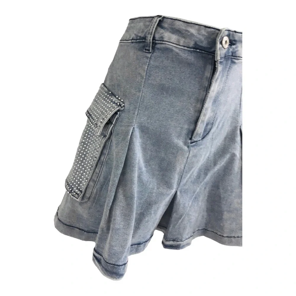 A-line crystal embellished rhinestone utility cargo style mini denim jeans skirt
